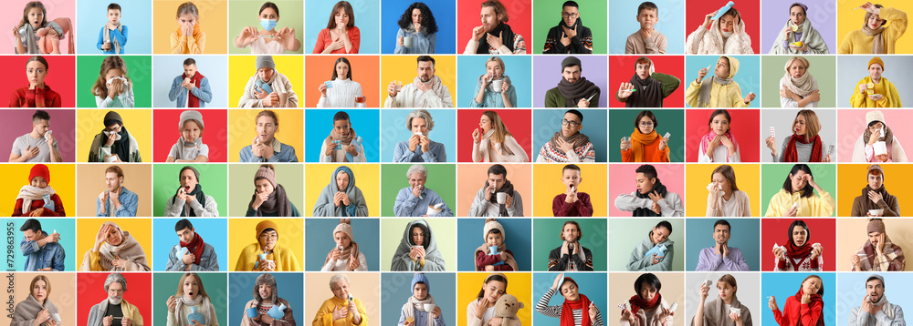 Big collage of different people ill with flu on color background Big collage of different people ill with flu on color background