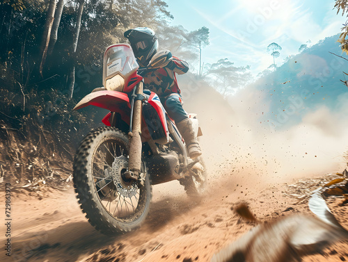 A motocross rider speeds up on a dirt road with a helmet along a mountain road under a clear sky. Rider driving in extremely risky motocross race on dirt tracks.