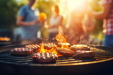 Friends gathering for a summer barbecue party at sunset