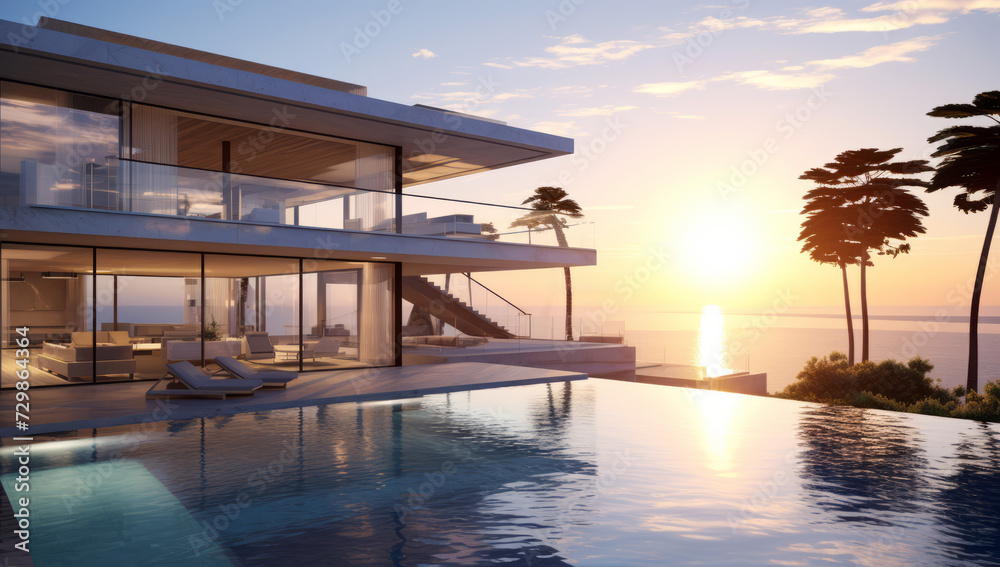 Luxury villa with infinity pool overlooking a sunset on the sea