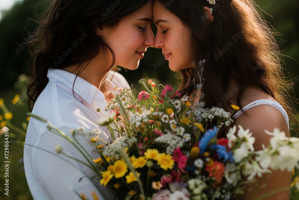 woman with a bouquet of wildflowers, couples foreheads touching woman with a bouquet of wildflowers, couples foreheads touching