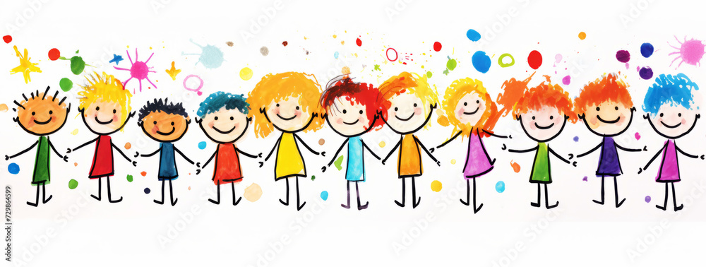 Colorful hand-drawn kids holding hands with splashes of paint Colorful hand-drawn kids holding hands with splashes of paint