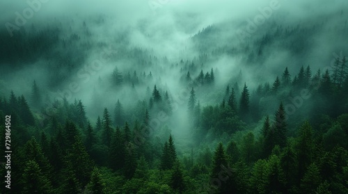 A Glimpse into the Enchanted Redwood Forest Shrouded in Morning Fog. Made with Generative AI Technology © mafizul_islam
