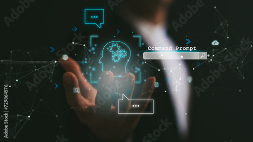 Ai technology concept, Artificial Intelligence, Businessman show virtual graphic Global Internet connecting, Chat bot assistant. Using command prompt for generates something.