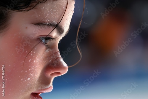 skaters face with visible perspiration, midperformance