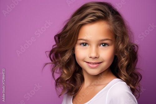 beauty, people and health concept - smiling little girl over violet background