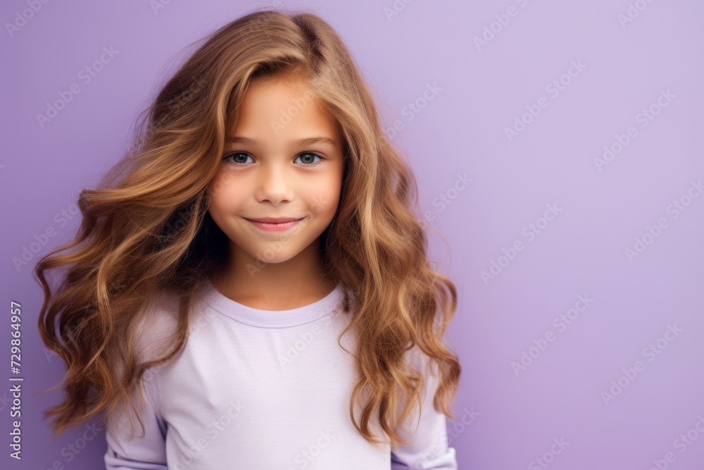 Portrait of a cute little girl with long curly hair on a purple background Portrait of a cute little girl with long curly hair on a purple background
