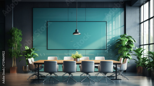 Modern conference room with large window and green plants