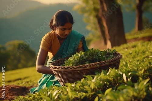 Female hands picking tea leaves photo
