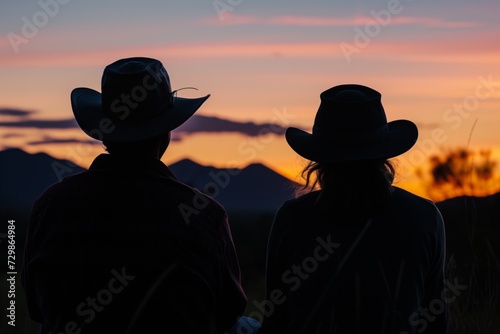 man and woman in hats watching sunset, silhouetted mountains