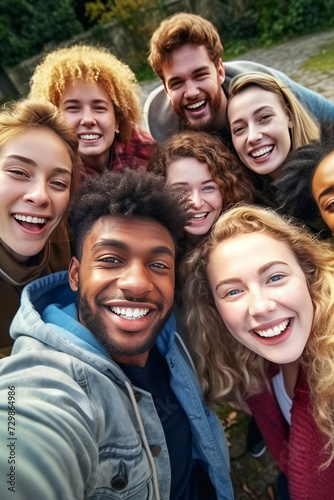 Group of joyful friends taking selfie outdoors in casual wear