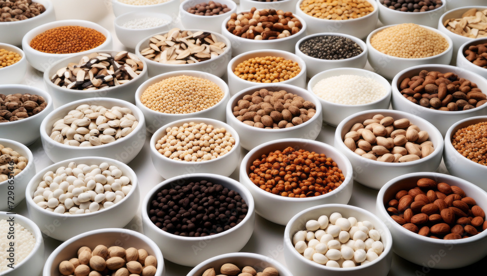 Assorted legumes, nuts, and grains in white bowls on a table