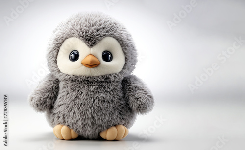 Adorable fluffy penguin toy standing isolated on white background