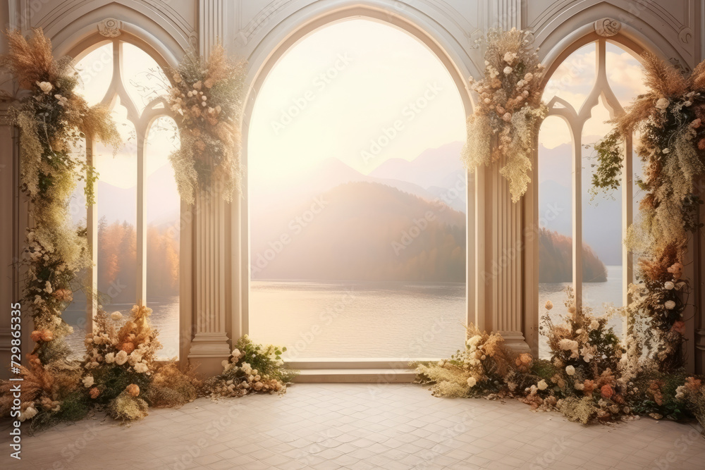 Elegant archway with floral decor overlooking mountain lake at sunset Elegant archway with floral decor overlooking mountain lake at sunset