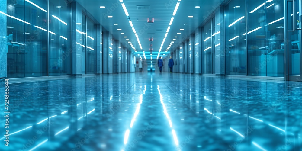 Glowing Hospital Hallway A Blue-lit, Modern Walkway for Patients and Staff Generative AI