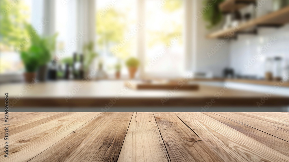 Empty beautiful wood table and blur bokeh modern kitchen interior background in clean and bright