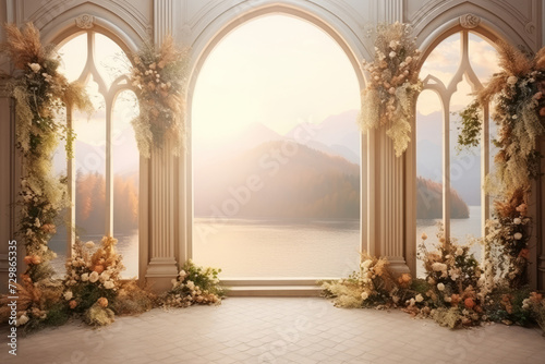 Elegant archway with floral decor overlooking mountain lake at sunset