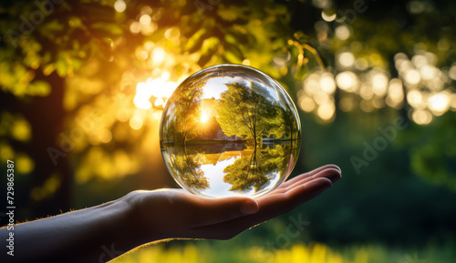 Crystal ball in hand reflecting sunlight through trees at sunset