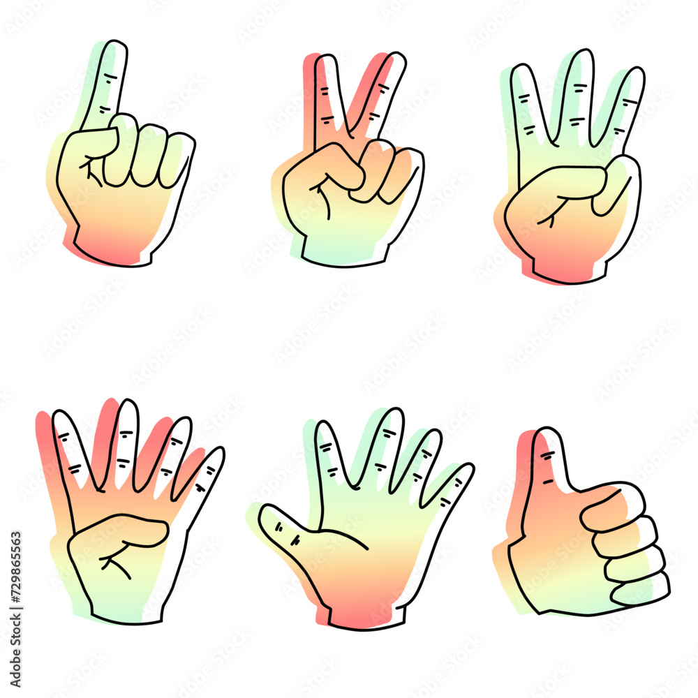 Fototapeta premium Line art hand, showing number 1,2,3,4,5. Doodle hand colour gradient