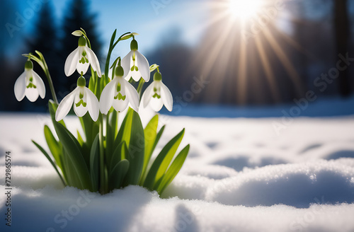 White snowdrops are blooming in the forest, snow and sun rays are all around. Abstract natural background. A beautiful gentle symbol of spring. The concept of the early spring season. Made with the he