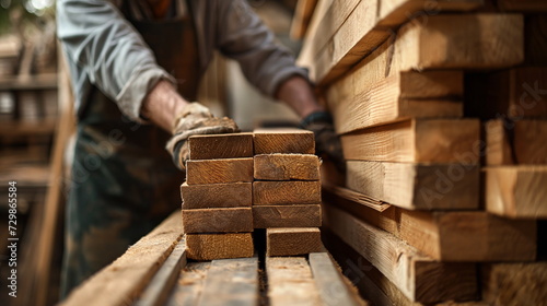 Individual stacking freshly cut wood planks in a storage shed. Sawmill production of boards from wood, drying of boards photo