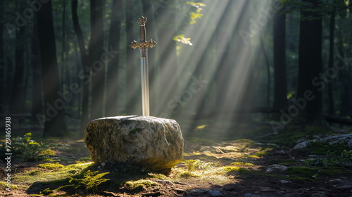 Sword King Arthur Excalibur in a stone in the forest, a ray of light reflected on the sword photo