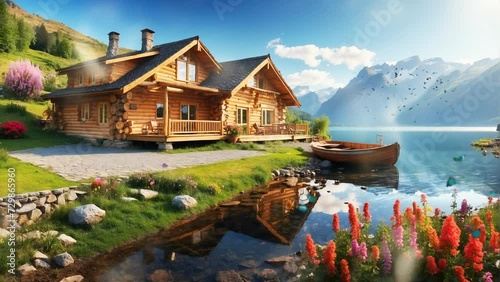 A wooden house with a lake, with a garden in the yard and beautiful mountains. Seamless looping 4K video background. photo