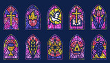 Church glass windows. Stained mosaic catholic frames with cross, book dove heart and religious symbols. Vector set of gothic Christian arches on dark background
