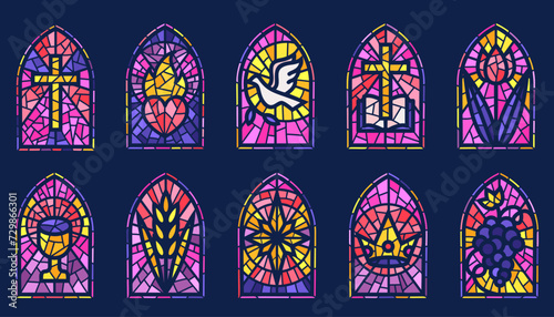 Church glass windows. Stained mosaic catholic frames with cross, book dove heart and religious symbols. Vector set of gothic Christian arches on dark background photo