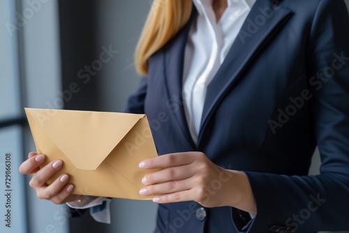 woman in business attire accepting a couriered document envelope