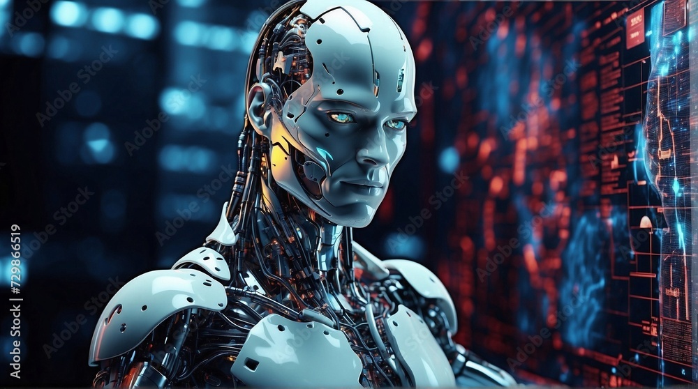 AI Artificial Intelligence. Cyborg man using AI technology for data analysis, coding computer language with digital brain, machine learning on virtual screen, business intelligence