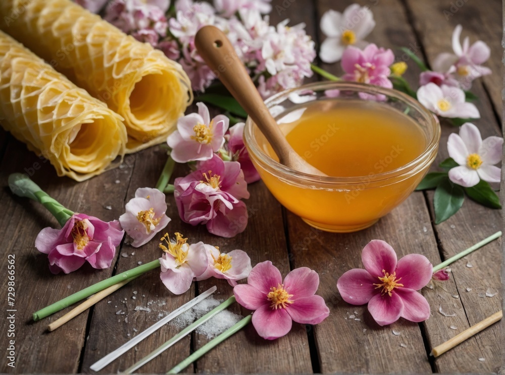 Sugar paste or wax honey for hair removing on orchid flower background. Depilation concept