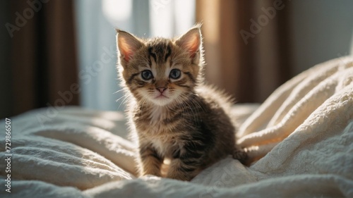 Cute small kitten on bed white blanket at home
