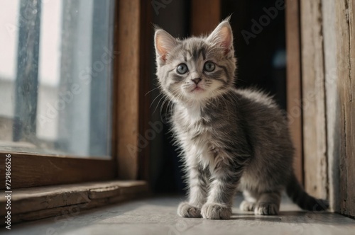 Little cat on the window sill. Grey Little fluffy kitten stands near door window and looking up . Newborn kitten, Kid animals and adorable cats concept