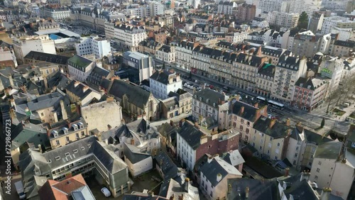 Republic neighborhood or quartier Republique of Rennes City, France. Aerial top-down forward photo