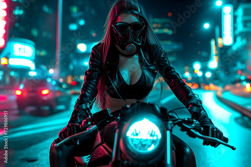 A cyberpunk girl rides around the city on a motorcycle, Motorcycle on the road. driving around the city, Motion Effect. Neon city