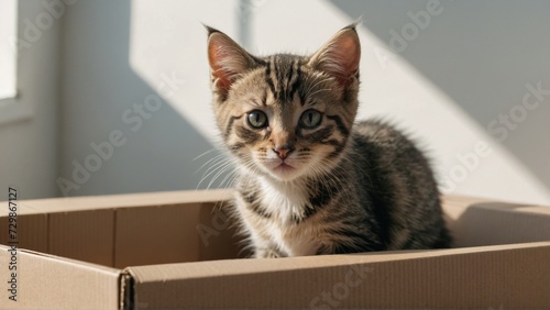 Close up of cute kitten in box in white new flat. © Марина Андриянова