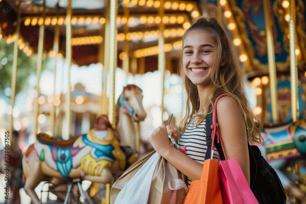 smiling girl with bags near a carousel