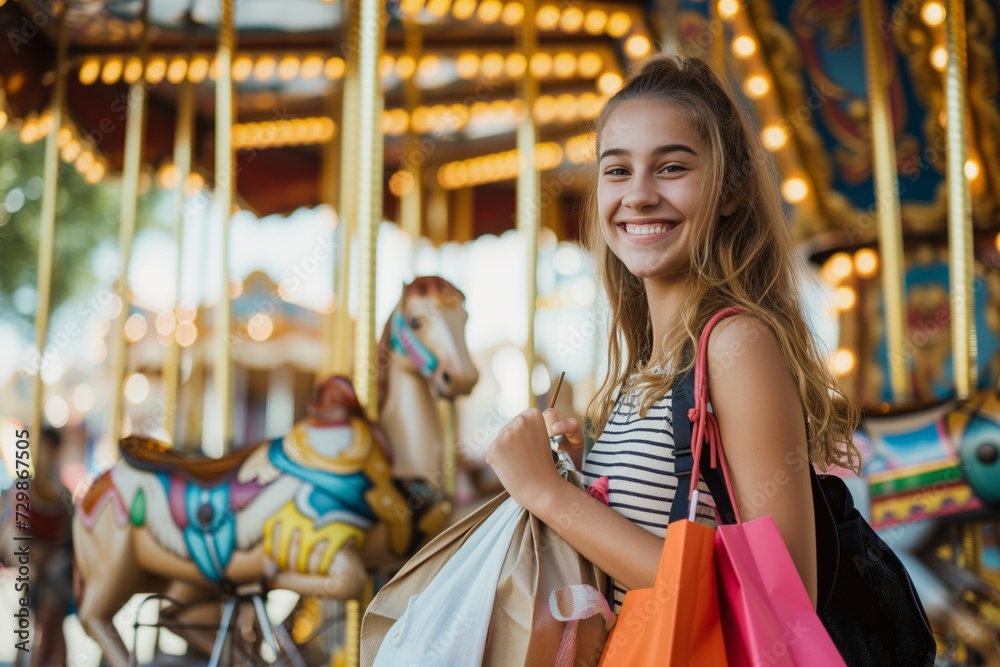 Fototapeta premium smiling girl with bags near a carousel