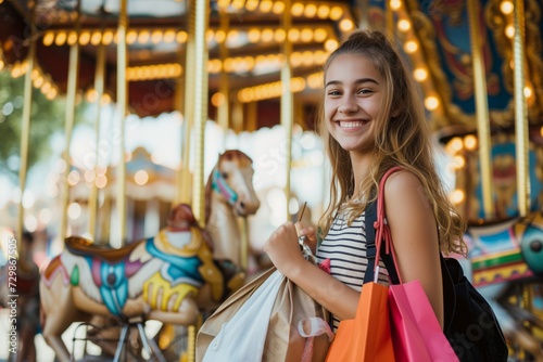 smiling girl with bags near a carousel