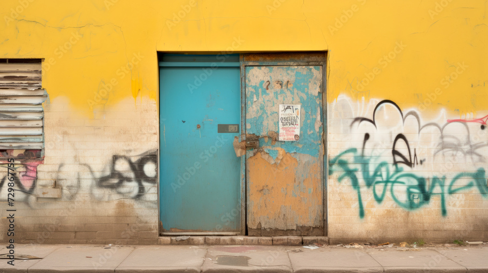 Naklejka premium Aged urban door with graffiti on a distressed yellow wall.