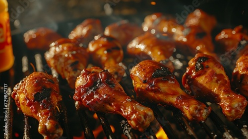 A grill loaded with spicy chicken drumsticks, with a bottle of sauce nearby