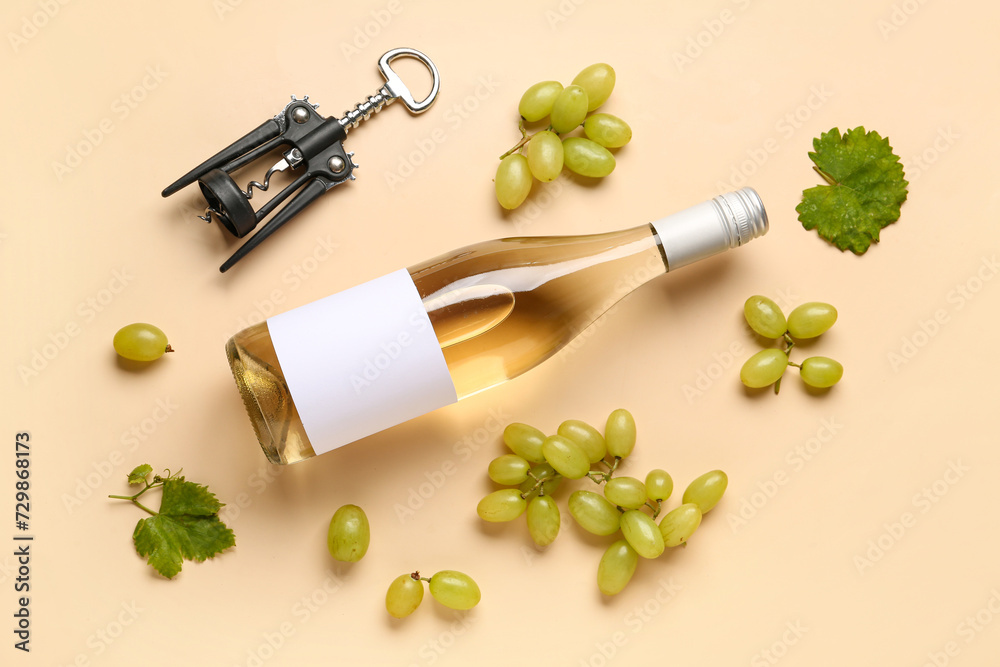 Bottle of white wine with blank label on color background