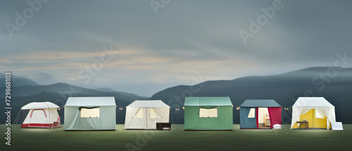 Glamping tents illuminated at dusk in mountainous terrain, a luxury camping experience. photo