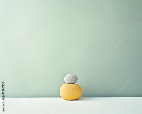 Two stones stacked in perfect balance on a uniform background, symbolizing harmony and stability.