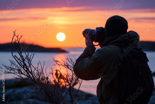 photographer with camera focused on midnight sun
