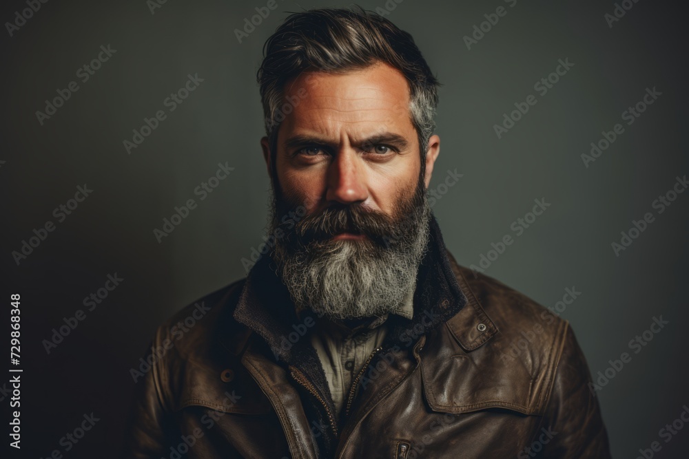 Portrait of a bearded man in a leather jacket. Men's beauty, fashion.