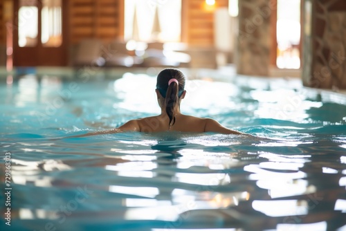 woman swimming laps in indoor pool