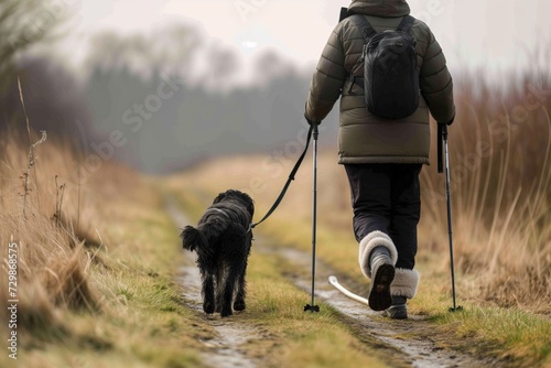 nordic walker and dog on a countryside trail