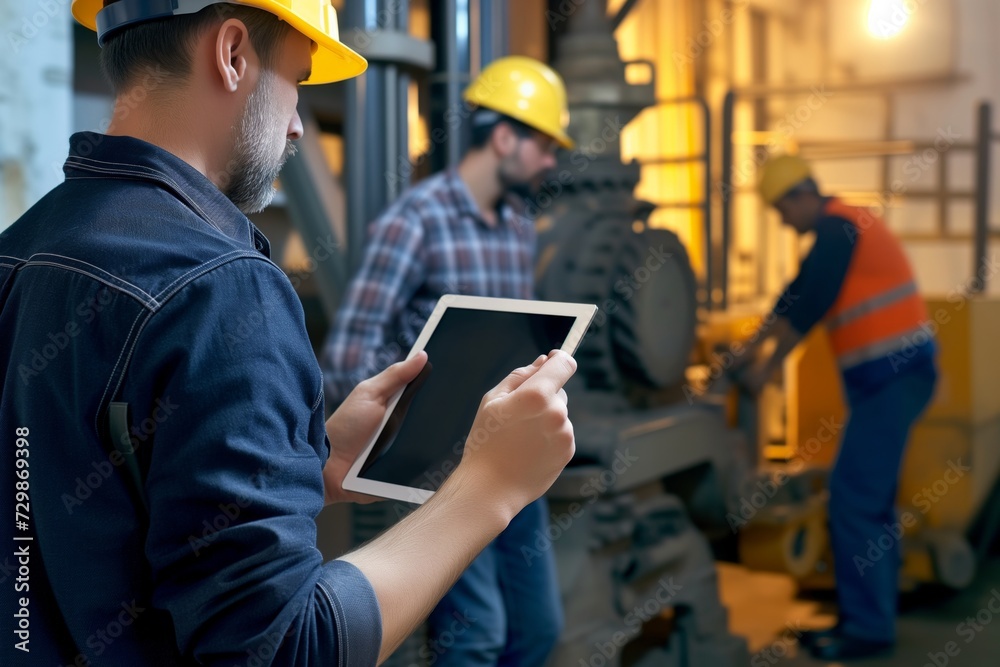 engineer holding a tablet with hardhat, workers operating machinery behind him engineer holding a tablet with hardhat, workers operating machinery behind him
